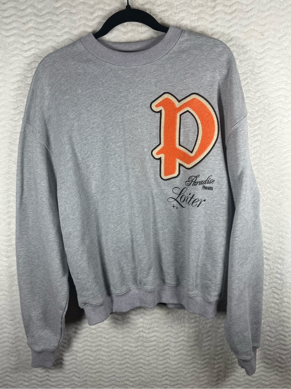 LOITER Gray Crewneck Sweatshirt with Orange Letter Patch. Paradise Awaits 🔥🔥🔥🔥